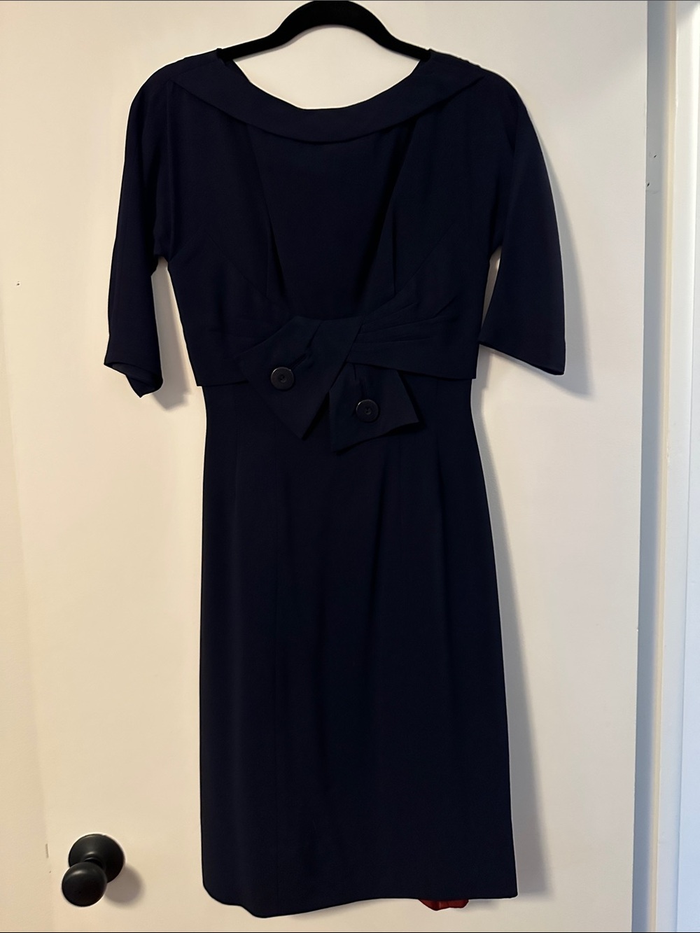 Vintage Navy Short-Sleeve Sheath Dress with Decorative Waist Detail